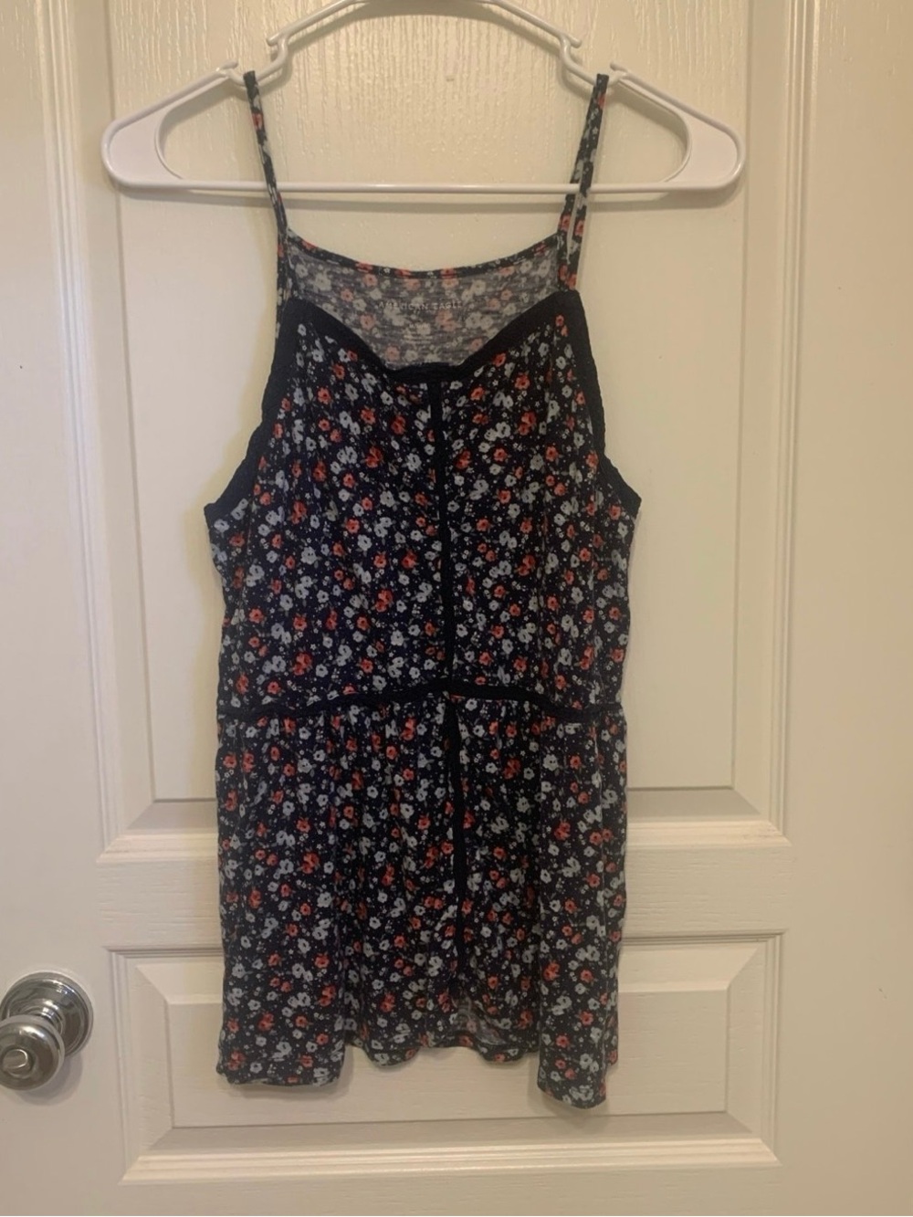 American Eagle Outfitters Floral Blue Tank with Red and White Blooms